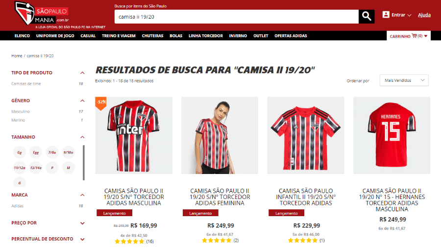 Loja oficial do São Paulo anuncia camisa masculina com preço menor do que a feminina - reprodução/São Paulo Mania/Netshoes