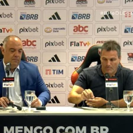 Marcos Braz, vice de Futebol do Flamengo, e Bruno Spindel, diretor de Futebol, em entrevista coletiva