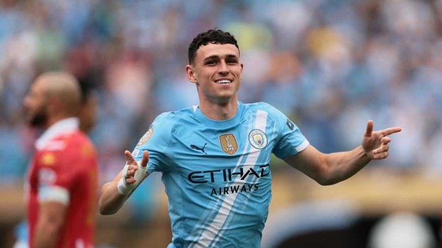 Foden, do Manchester City, comemora gol contra o Wydad Casablanca, pelo Mundial Foden, do Manchester City, comemora gol contra o Wydad Casablanca, pelo Mundial