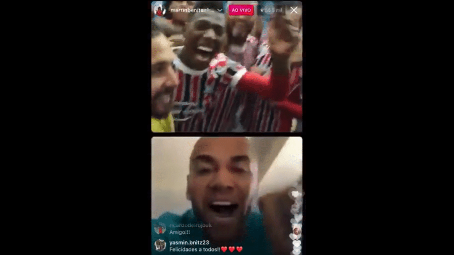 Dani Alves participou de live com jogadores do São Paulo após vitória contra o Racing - Reprodução