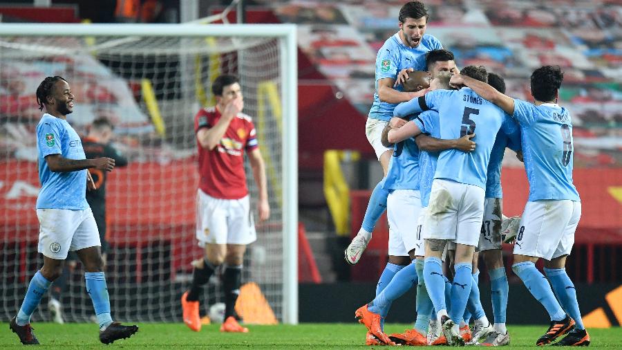 Manchester City comemora gol na vitória contra o Manchester Uniter, pela Copa da Liga Inglesa - Getty Images