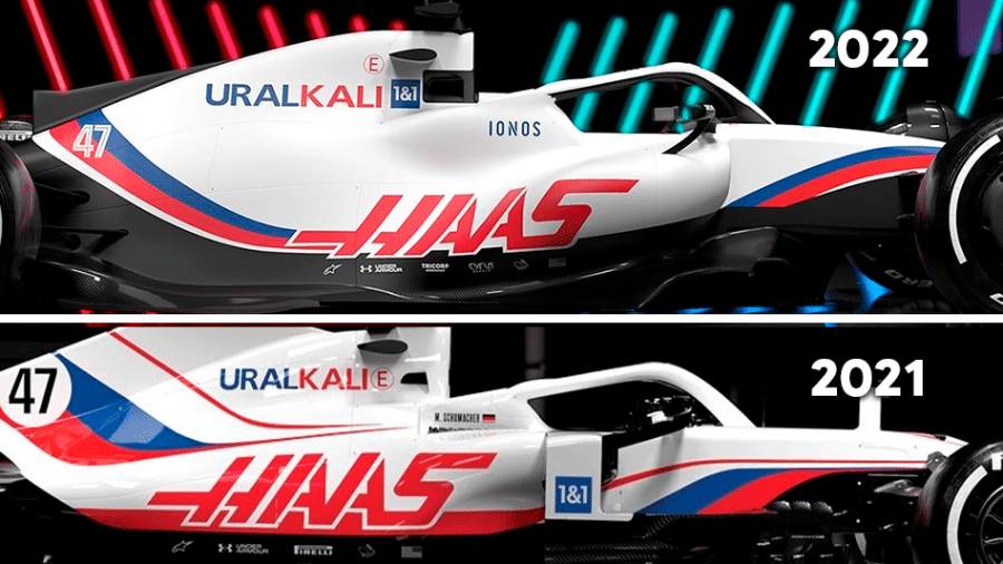 Comparação entre os layouts dos carro da Haas de 2021 e 2022 - Montagem/UOL Esporte