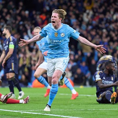 Kevin De Bruyne comemora gol do Manchester City diante do Real Madrid na Liga dos Campeões - Quality Sport Images/Getty Images