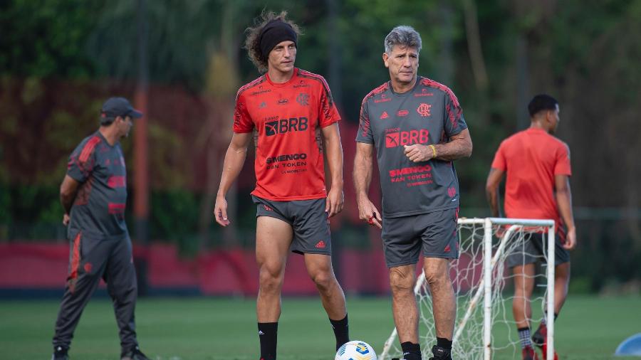 David Luiz e Renato Gaúcho em atividade no0 Ninho do Urubu, CT do Flamengo - Alexandre Vidal/CRF