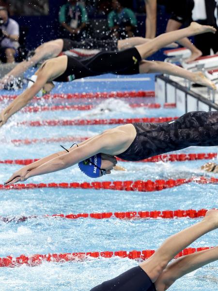 Stephanie Balduccini durante a final do revezamento 4x200m das Olimpíadas de Paris