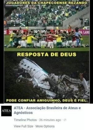Atea, associação brasileira de ateus e agnósticos, publica imagem sobre o acidente com a Chapecoense - Reprodução - Reprodução