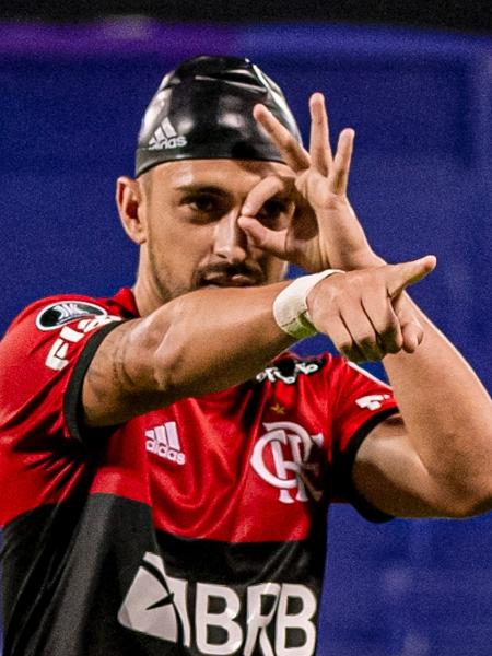 Arrascaeta comemora seu gol pelo Flamengo diante do Vélez - Marcelo Cortes/Flamengo