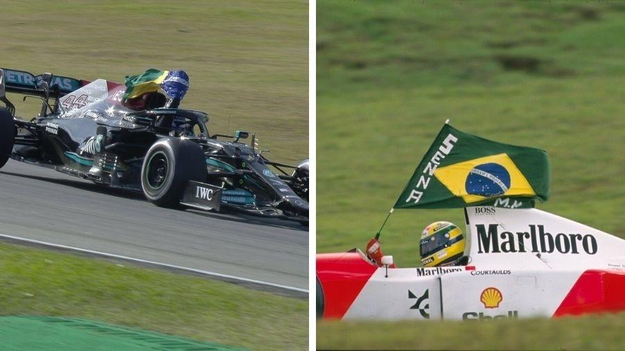 Lewis Hamilton homenageia Ayrton Senna com a bandeira no Brasil após corrida - Montagem/UOL