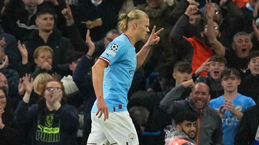 Haaland comemora seu 2° gol pelo Manchester City na partida diante do Copenhagen - Ulrik Pedersen/DeFodi Images via Getty Images