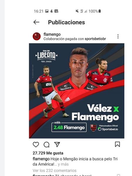 Post de rede social do Flamengo usado pela Conmebol em procedimento aberto - Reprodução