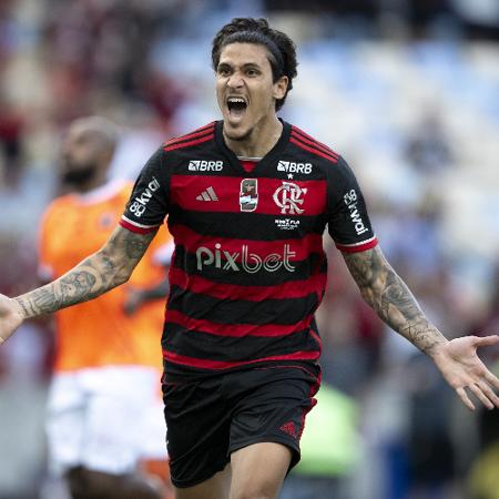 Pedro, do Flamengo, comemora ao marcar na final do Carioca, contra o Nova Iguaçu