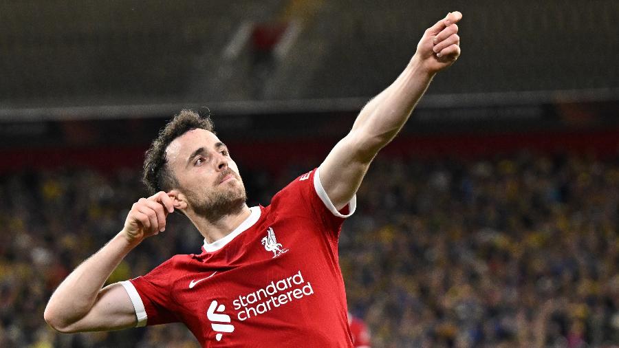 Diogo Jota celebra gol pelo Liverpool Diogo Jota celebra gol pelo Liverpool