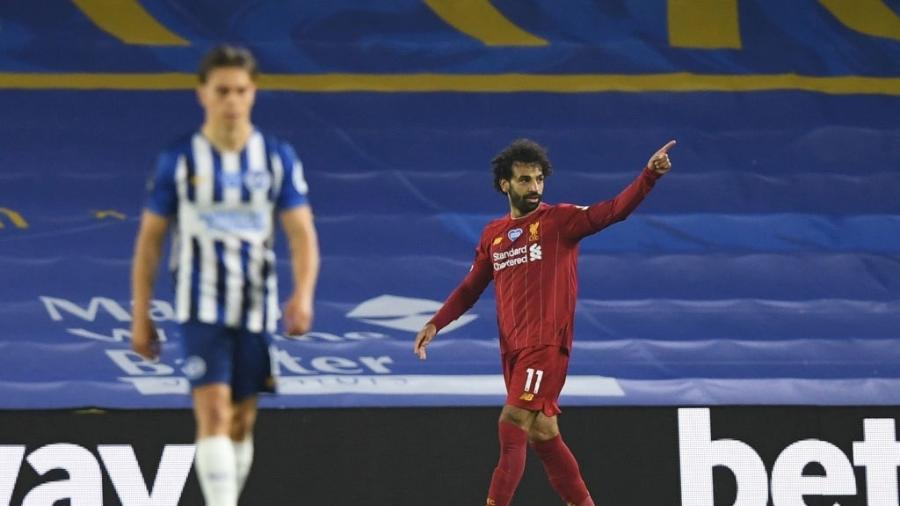 Salah comemora após marcar para o Liverpool contra o Brighton - Daniel Leal Olivas/Pool via Getty Images)