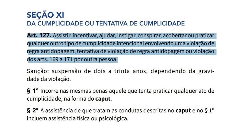 Código Brasileiro Antidopagem prevê punição ao atleta que incentivar "uma violação de regra antidopagem, tentativa de violação de regra antidopagem ou violação dos artigos 169 a 171 por outra pessoa"