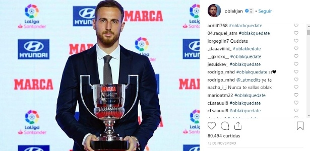 Torcida do Atlético usa o Instagram do goleiro para pedir sua permanência: "fica, Oblak" - Reprodução/Instagram