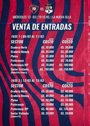 Preços ajustados pelo Cerro Porteño para a torcida do Zamora - Reprodução