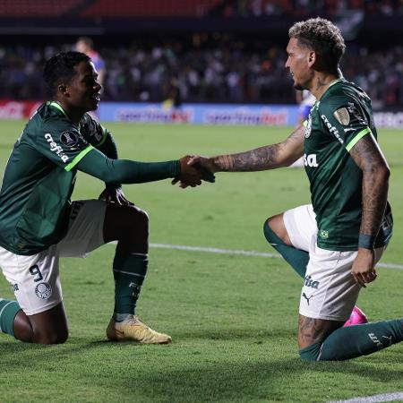 Rafael Navarro comemora com Endrick após marcar na vitória do Palmeiras sobre o Cerro Porteño, pela Libertadores - Ettore Chiereguini/AGIF