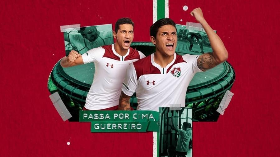 Novo uniforme número 2 do Fluminense foi revelado em imagem com Ganso e Pedro - Reprodução