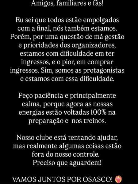 Valquiria Dullius, central do Osasco, fez publicação sobre ingressos para a final da Superliga Valquiria Dullius, central do Osasco, fez publicação sobre ingressos para a final da Superliga