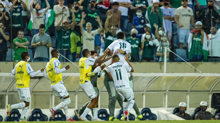 Jogadores do Palmeiras comemoram gol durante partida contra o Oeste no estádio Arena Barueri pela Copa São Paulo 2022 - Diogo Reis/AGIF