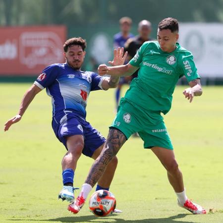 O jogador Thalys, do Palmeiras, em jogo-treino com a equipe do Mauaense O jogador Thalys, do Palmeiras, em jogo-treino com a equipe do Mauaense