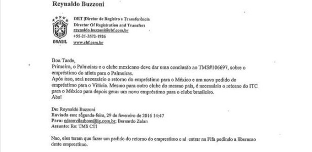 Troca de e-mails entre CBF e Vitória que foi anexada pelo Inter à petição - Reprodução