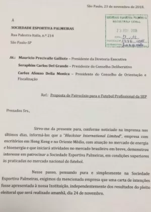 Documento assinado por Genaro Marino oficializa investidor que quer entrar no Palmeiras - Reprodução - Reprodução