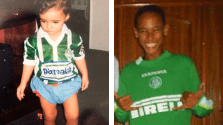 Neymar e Bruna Biancardi aparecem em fotos com a camisa do Palmeiras na infância - Montagem/UOL Esporte