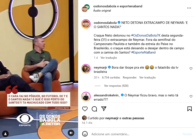 Neymar responde Craque Neto no Instagram