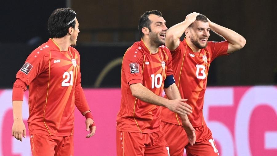 Jogadores da Macedônia do Norte comemoram gol contra a Alemanha - Ina Fassbender / AFP