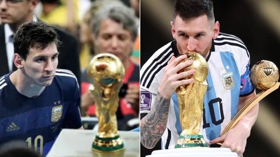 Foto viralizada de Messi após vice em 2014/Messi cumprindo o sonho em 2022 - Bao Tailiang/Divulgação e ODD ANDERSEN / AFP