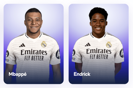 Mbappé e Endrick no site do Real Madrid, ainda sem o número oficial