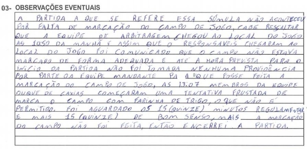 Súmula da partida entre Duque de Caxias e São Gonçalo na qual o time da casa perdeu por WO por marcar campo com farinha - Reprodução/FERJ - Reprodução/FERJ