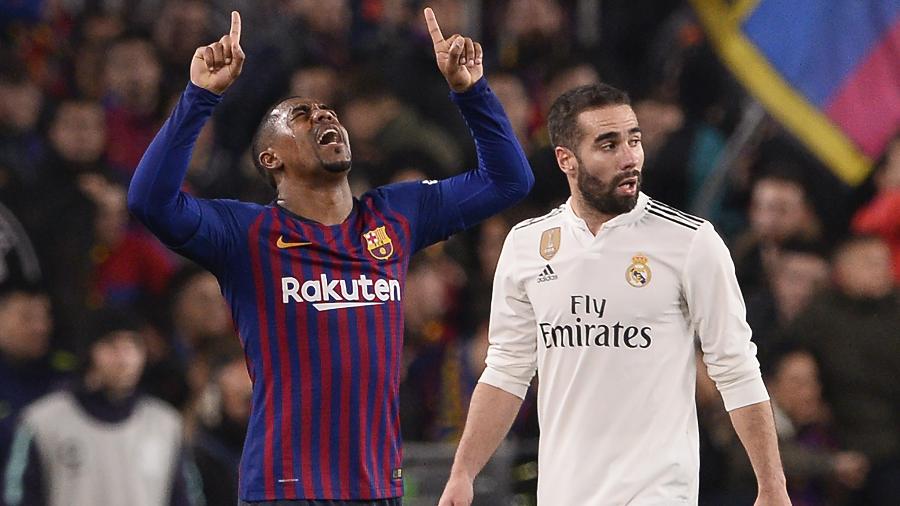 Vinícius Júnior começou jogada do gol do Real Madrid no primeiro tempo; no segundo, Malcom (foto) empatou para o Barça - Josep Lago/AFP