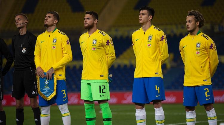 Lyanco, Phelipe, Ibañez e Guga antes de jogo da seleção brasileira olímpica contra a Argentina - Fernando Torres/CBF