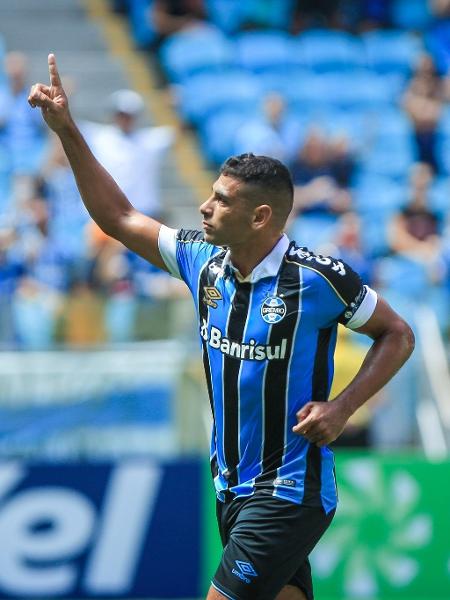 Diego Souza comemora gol marcado no jogo Grêmio x Juventude, pelo Gauchão - Lucas Uebel/Grêmio FBPA