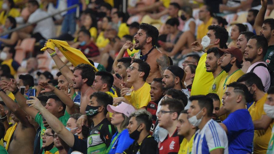 Torcedores do Brasil durante jogo contra o Uruguai pelas Eliminatórias da Copa, em Manaus - NELSON ALMEIDA/AFP