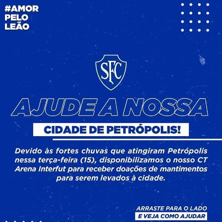 Serrano Football Club, de Petrópolis, está recolhendo doações às vítimas da tragédia na cidade - Divulgação