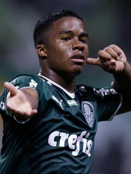 Endrick, do Palmeiras, celebra gol marcado sobre o Fortaleza no Allianz Parque - Alexandre Schneider/Getty Images