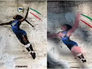 Mural para campeã do vôlei é danificado na Itália; cor de pele é trocada