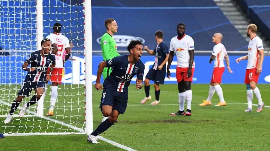 Marquinhos comemora gol marcado pelo PSG contra o RB Leipzig na semifinal da Liga dos Campeões - David Ramos/Getty Images