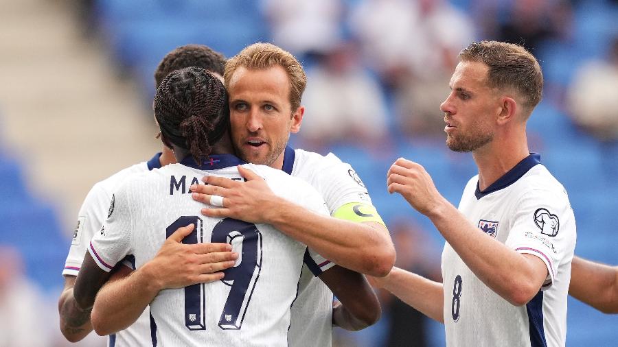 Harry Kane, da seleção inglesa, comemora gol sobre Andorra nas Eliminatórias da Europa Harry Kane, da seleção inglesa, comemora gol sobre Andorra nas Eliminatórias da Europa