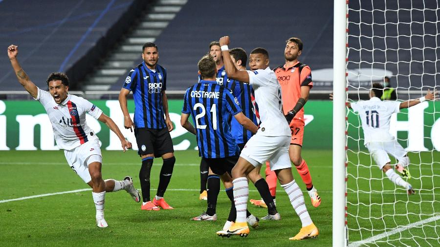 Marquinhos comemora gol marcado pelo PSG contra a Atalanta na Liga dos Campeões - David Ramos/Getty Images