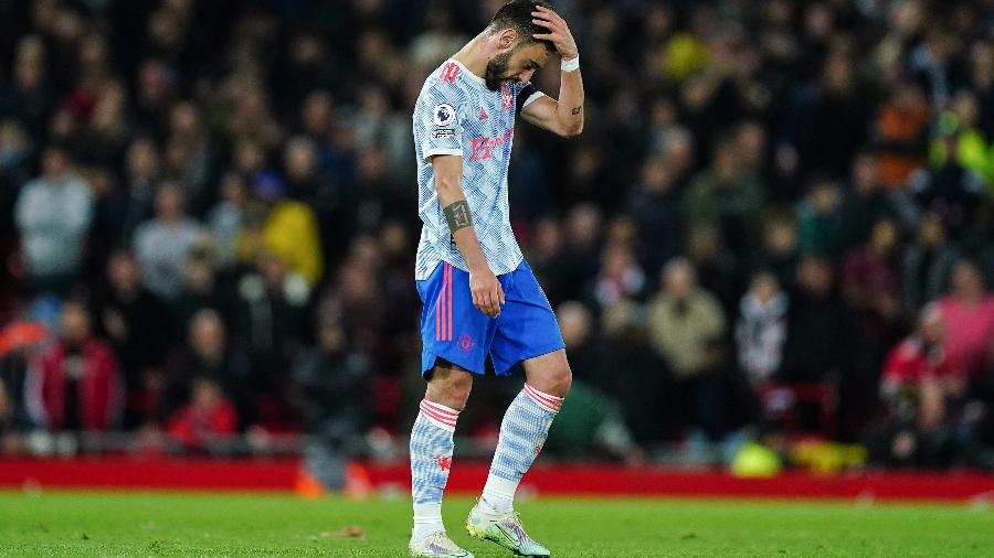 Bruno Fernandes, do Manchester United, na derrota por 4 a 0 para o Liverpool pelo Campeonato Inglês - Mike Egerton/PA Images via Getty Images