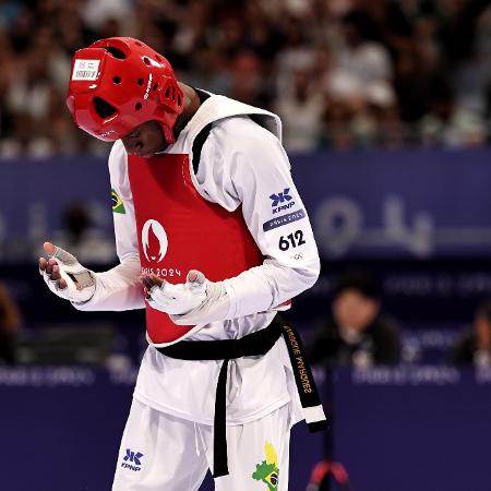 Henrique Marques durante a disputa do taekwondo nas Olimpíadas de Paris