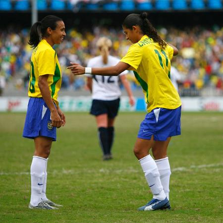 Marta e Cristiane na decisão do futebol feminino no Pan Rio 2007 - Joel Auerbach/Getty Images