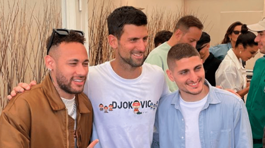 Neymar e Verratti, do PSG, com Djokovic durante o Masters 1000 de Monte Carlo, em Mônaco - Reprodução/Instagram