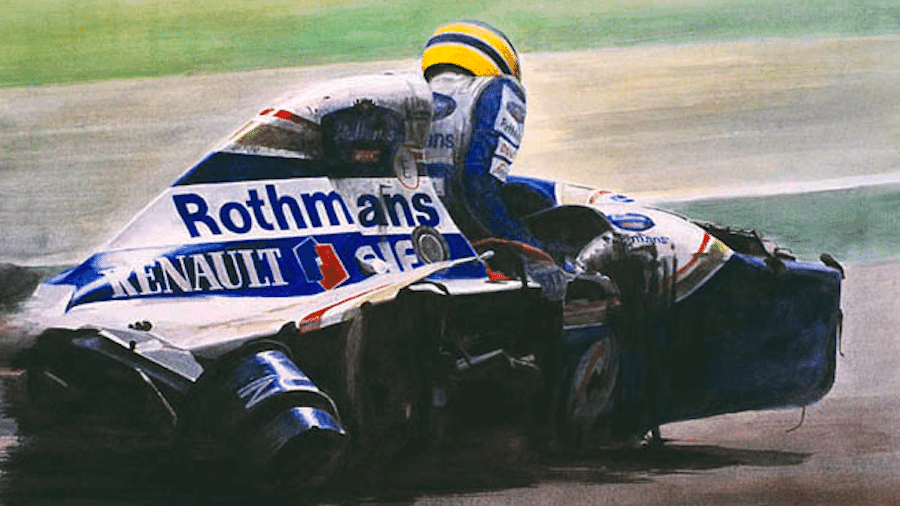 A imagem que gostaríamos de ver, contida nesta pintura: Ayrton Senna levantando-se de sua Williams após o acidente na Tamburello - Reprodução/Internet