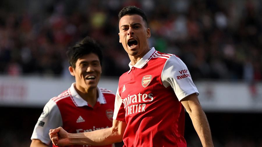 Gabriel Martinelli comemora gol marcado pelo Arsenal contra o Liverpool em Londres - Justin Setterfield/Getty Images