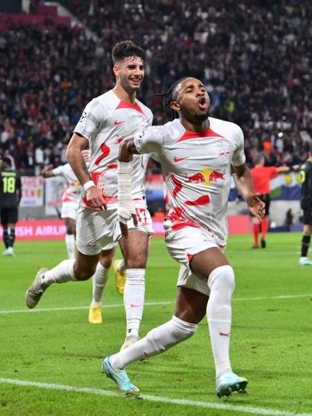 Christopher Nkunku, do RB Leipzig, comemora seu gol contra o Real Madrid na Champions - Oliver Hardt - UEFA/UEFA via Getty Images